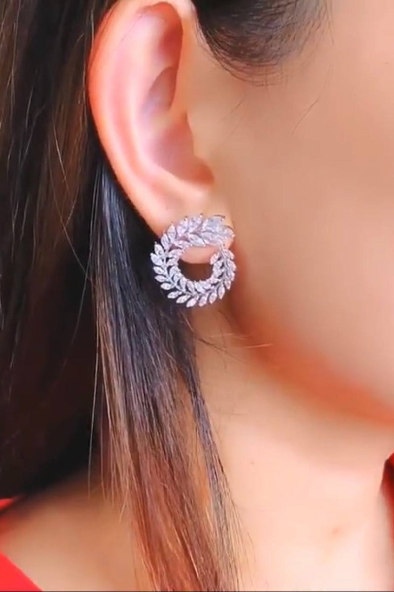 Rwnq Luxury Laurel Wreath Design Platinum Earrings, adorned with sparkling zircon stones and featuring a 925 sterling silver post – an elegant and eye-catching hoop earring, perfect for soirées and special occasions. An ideal gift for women. #Accessories #Jewelry #Women'sAccessories  - Image 4