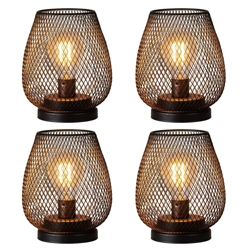 DECORKEY Set of 4 Battery Operated Lamp LED Table Lantern Brown Metal Cage Cordless Lamps with LED BulbVintage Decorative Outdoor Lantern for Weddings Parties Patio Events for Indoors Shelf Decor