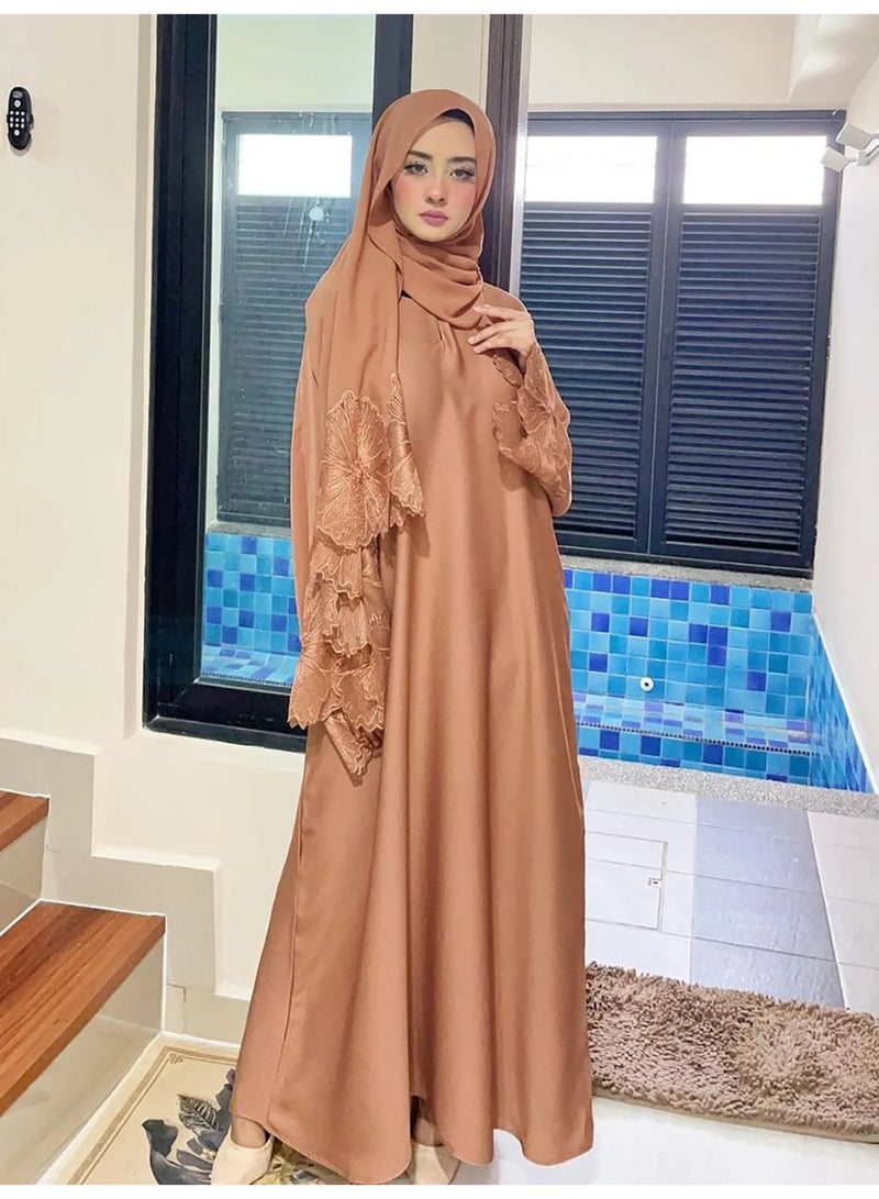 2 قطعة - فستان روب نسائي بلون صلب مع التطريز الزهري وحواف من الدانتيل مع غطاء رأس مطابق - Image 4