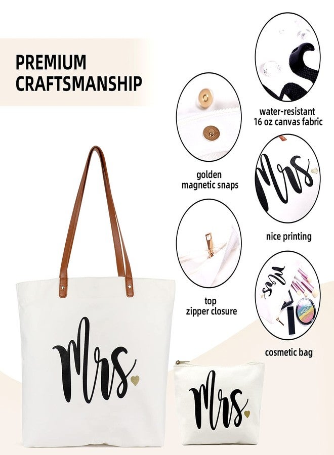 Lamyba Mrs Bag with Makeup Bag, Bride Tote Bag, Bridal Shower Gifts for Bride,Canvas White - Image 3