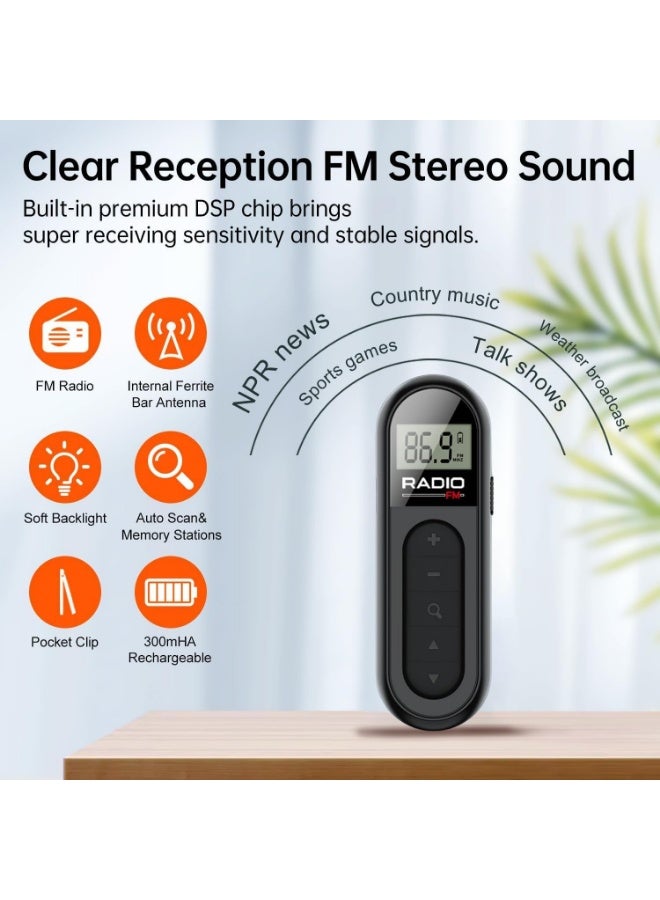 Portable Radio, Rechargeable Pocket Transistor Radio with Reception Digital Tuning, LCD Screen with Backlight,Belt Clip, Stereo Sound Earphone Jack for Gym, Jogging, Walking, Camping - Image 2