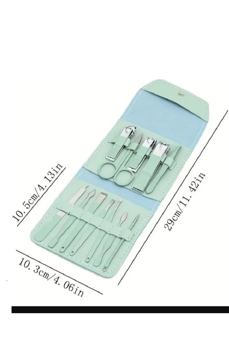 12-Piece Manicure Set Nail Clipper and Portable Stainless Steel Beauty Tools for Personal Care - Green - Image 2
