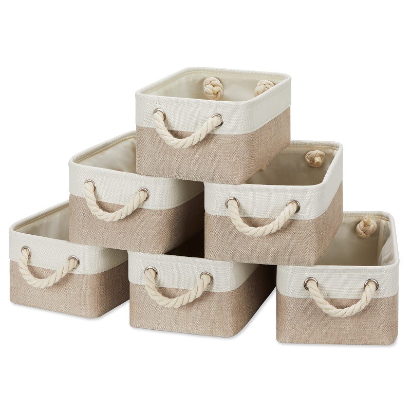 Temary Small Fabric Storage Baskets 6 Pcs Decorative Baskets Bins for Gifts Empty Foldable Storage Basket with Handles for Organizing Shelf Towels WhiteKhaki118 L x 79 W x 53 H inches