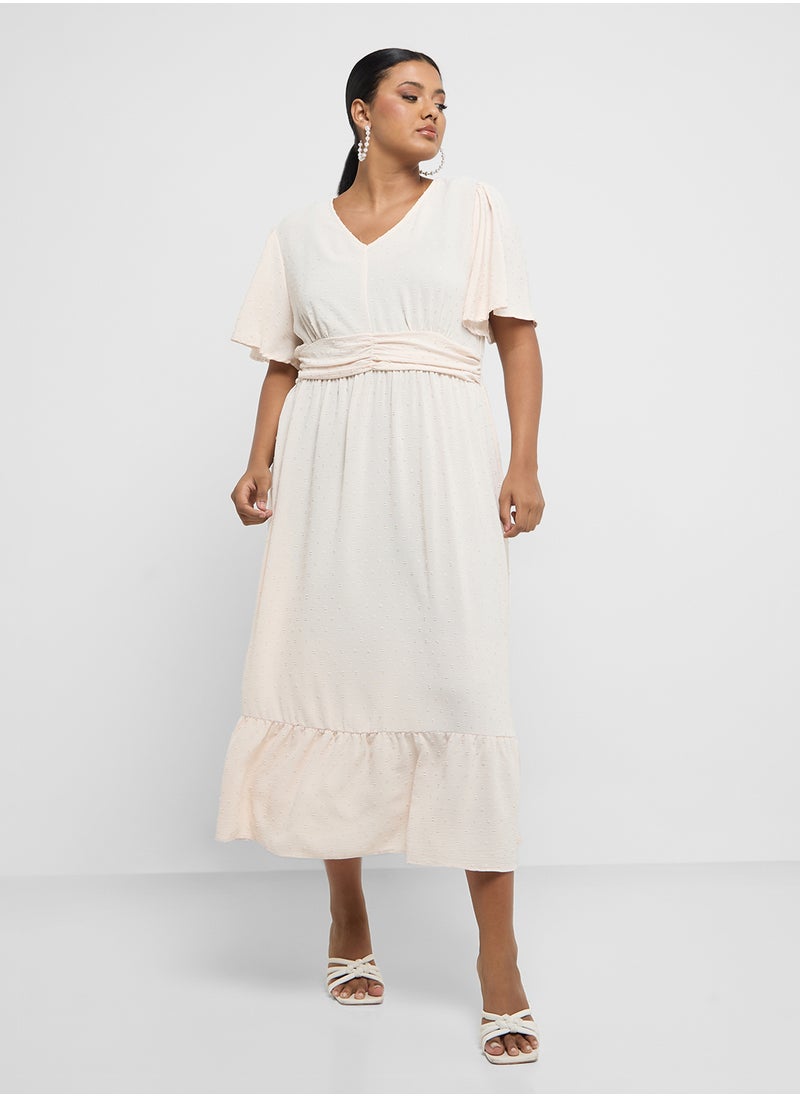 Ginger Plus - Dobby Textured A Line Dress With Flutter Sleeves - Image 1