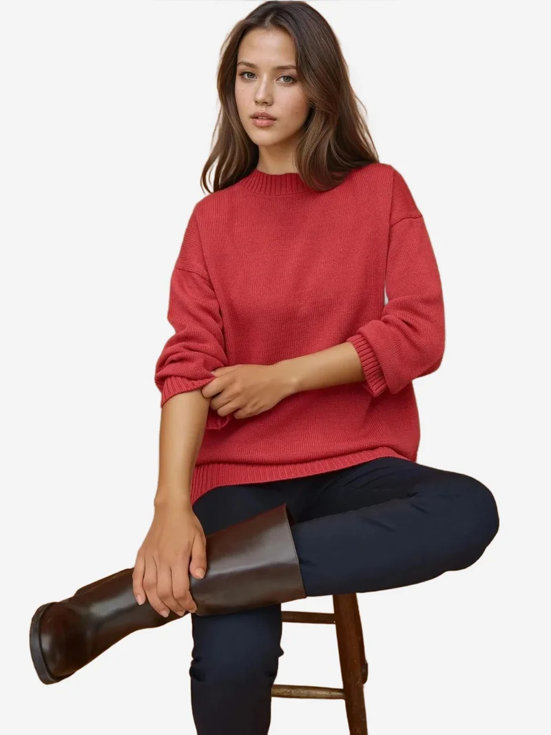 زوبعة كنزة صوفية سميكة بياقة دائرية وأكمام طويلة