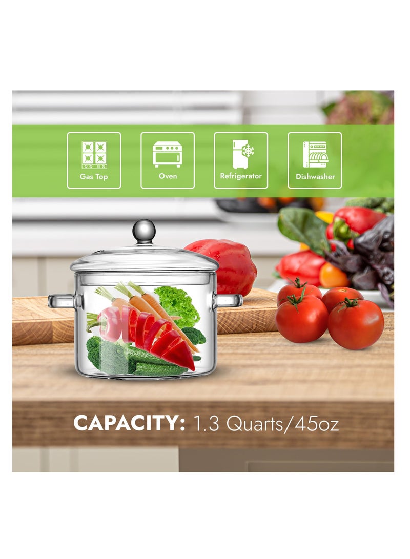 SYOSI Glass Cooking Pot with Lid, 1.3L(45oz) Heat Resistant Borosilicate Glass Cookware Stovetop Pot Set, Simmer Pot with Cover Safe for Soup, Milk, Baby Food, Pasta Noodle (1.4 Quartz) Cookware Stovetop - Image 3