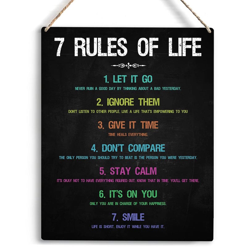 YCYD Inspirational Office Decorations for Work Wall Art 7 Rules Of Life Motivational Wooden Hanging Sign Bedroom Home Office Decor Birthday Gifts for Women Men Best Friend Decorations 10x8 Inches - Image 1