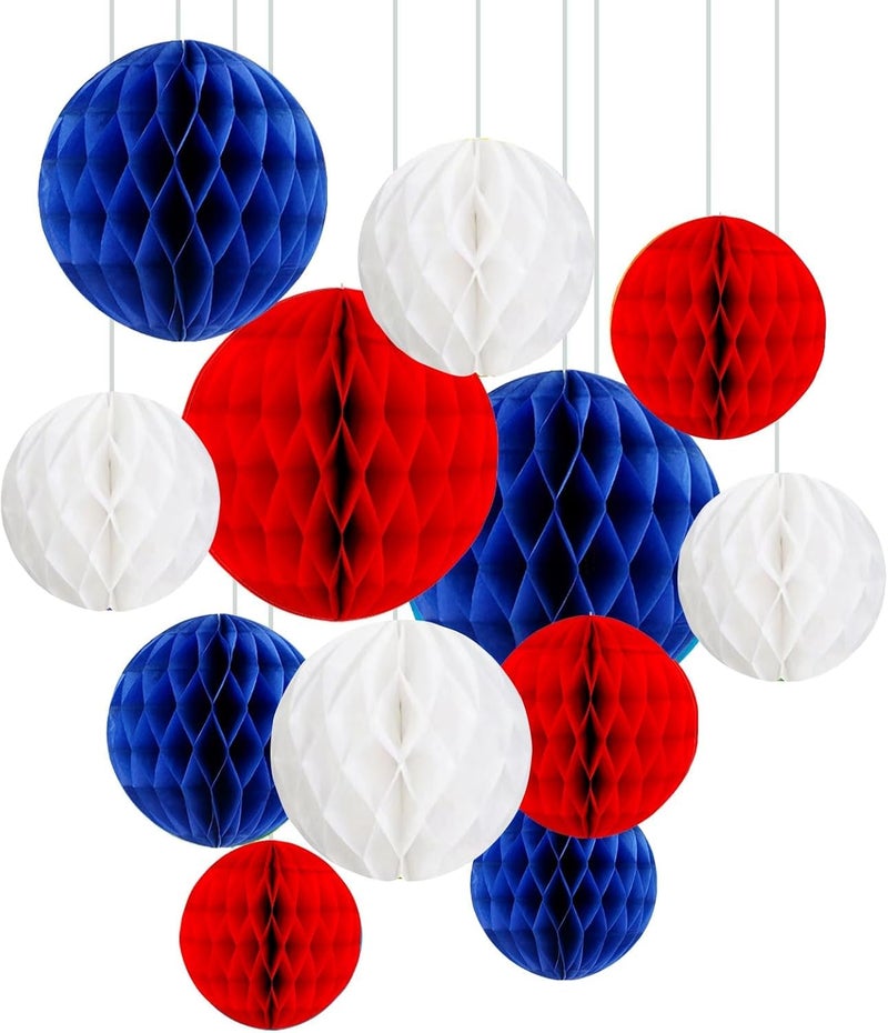 INCHEON PARTY Incheon Party Honeycomb Ball Decorations, Red White Blue, 15-25 cm, Set of 12, Patriotic Paper Pom Poms  - Image 1