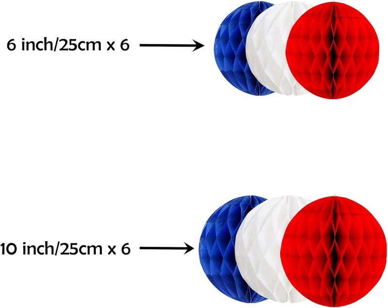 INCHEON PARTY Incheon Party Honeycomb Ball Decorations, Red White Blue, 15-25 cm, Set of 12, Patriotic Paper Pom Poms  - Image 2