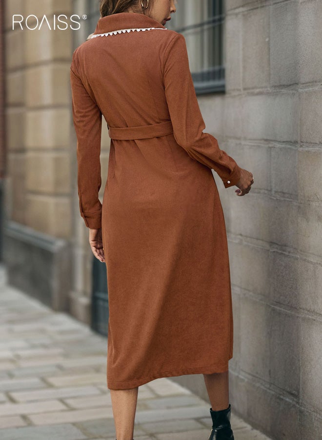 رويس فستان نسائي بفتحة رقبة على شكل حرف V، فستان قميص مخملي، تصميم ياقة مع تفاصيل حزام، تنورة عتيقة بأكمام طويلة وقصة على شكل حرف A وخصر مرتفع، نمط خريف/شتاء، ملابس كاجوال للتنقل في المكتب، بني قهوة - Image 3