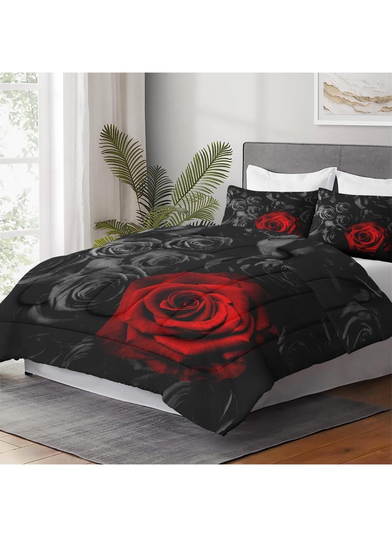 WeCozy WeCozy 3 Pcs Comforter Set King Size with 2 Pillowcases  Red Rose Flower Bedding Set for Kids and Adults  Summer Vintage Floral Soft Comforter Set for Bedroom Bed Decor  - Image 4