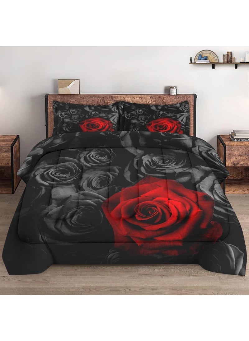 WeCozy WeCozy 3 Pcs Comforter Set King Size with 2 Pillowcases  Red Rose Flower Bedding Set for Kids and Adults  Summer Vintage Floral Soft Comforter Set for Bedroom Bed Decor  - Image 1