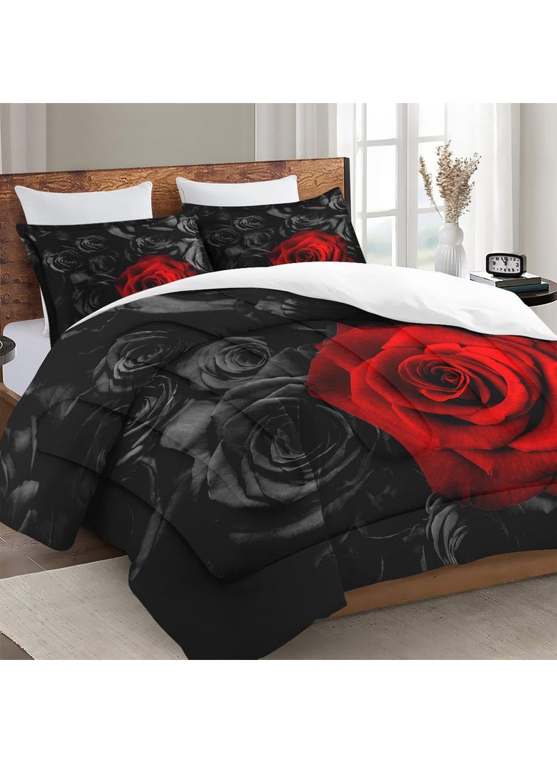 WeCozy WeCozy 3 Pcs Comforter Set King Size with 2 Pillowcases  Red Rose Flower Bedding Set for Kids and Adults  Summer Vintage Floral Soft Comforter Set for Bedroom Bed Decor  - Image 3