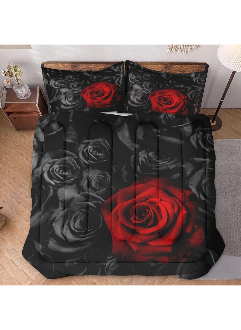WeCozy WeCozy 3 Pcs Comforter Set King Size with 2 Pillowcases  Red Rose Flower Bedding Set for Kids and Adults  Summer Vintage Floral Soft Comforter Set for Bedroom Bed Decor  - Image 2