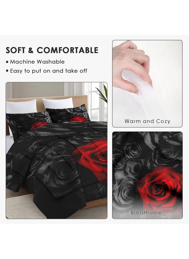 WeCozy WeCozy 3 Pcs Comforter Set King Size with 2 Pillowcases  Red Rose Flower Bedding Set for Kids and Adults  Summer Vintage Floral Soft Comforter Set for Bedroom Bed Decor  - Image 5