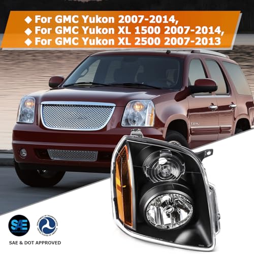 LBRST Headlight Assembly for GMC Yukon 2007-2014 for GMC Yukon XL 1500 2007-2014 for GMC Yukon XL 2500 2007-2013 Black Housing Amber Reflector Clear Lens Driver and Passenger Side Headlamp - Image 2