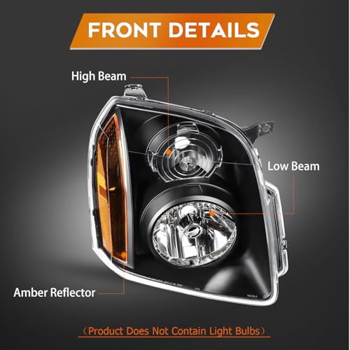 LBRST Headlight Assembly for GMC Yukon 2007-2014 for GMC Yukon XL 1500 2007-2014 for GMC Yukon XL 2500 2007-2013 Black Housing Amber Reflector Clear Lens Driver and Passenger Side Headlamp - Image 3