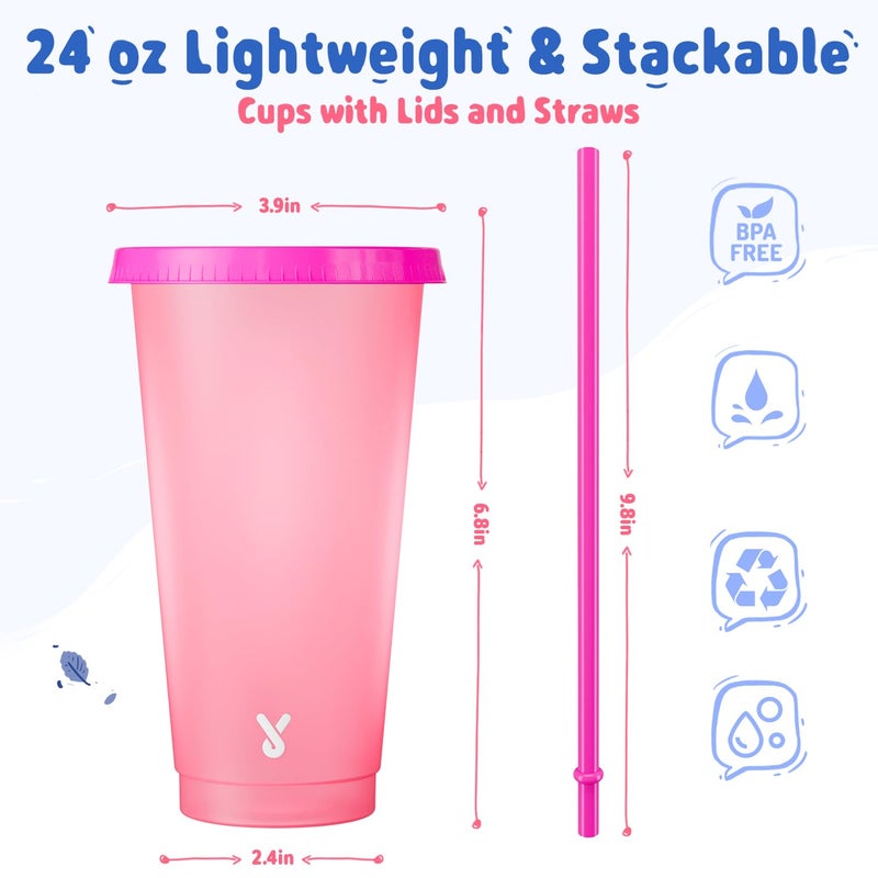 Meoky Plastic Cups with Lids and Straws - 6 Pack 24 oz Color Changing Cups, Iced Coffee Cups, Reusable Tumblers Bulk for Party, Car, Adults, Women, BPA-free (Solid & Patterned) - Image 3