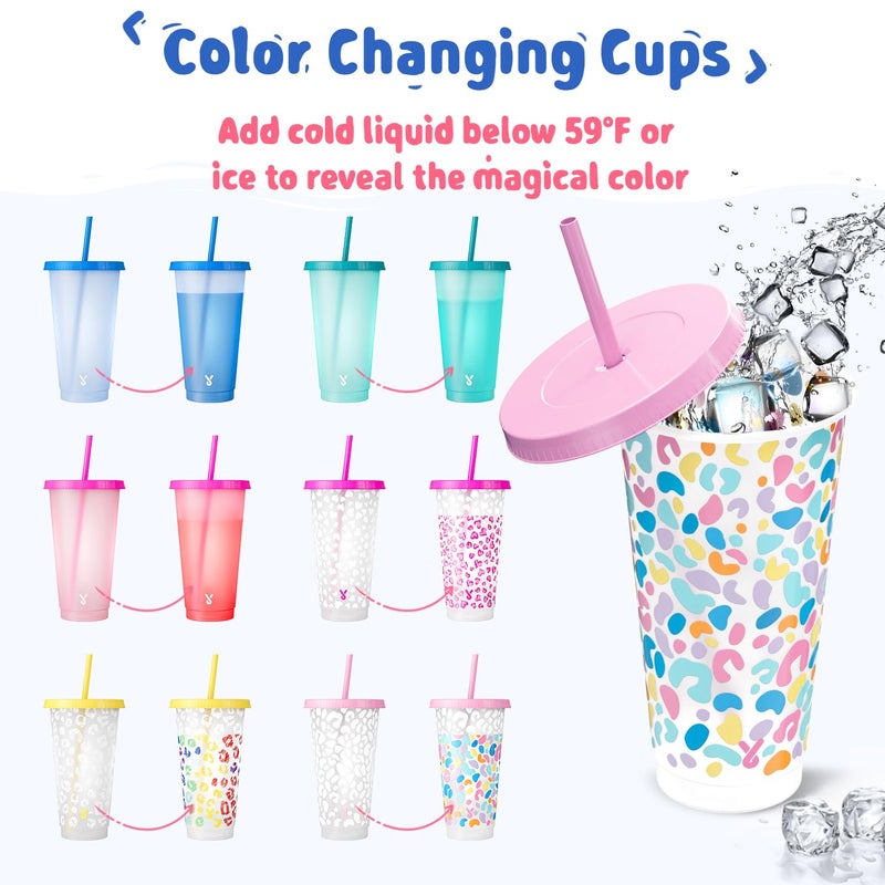 Meoky Plastic Cups with Lids and Straws - 6 Pack 24 oz Color Changing Cups, Iced Coffee Cups, Reusable Tumblers Bulk for Party, Car, Adults, Women, BPA-free (Solid & Patterned) - Image 2