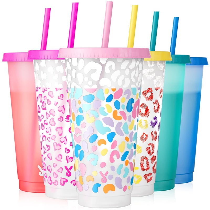 Meoky Plastic Cups with Lids and Straws - 6 Pack 24 oz Color Changing Cups, Iced Coffee Cups, Reusable Tumblers Bulk for Party, Car, Adults, Women, BPA-free (Solid & Patterned) - Image 1