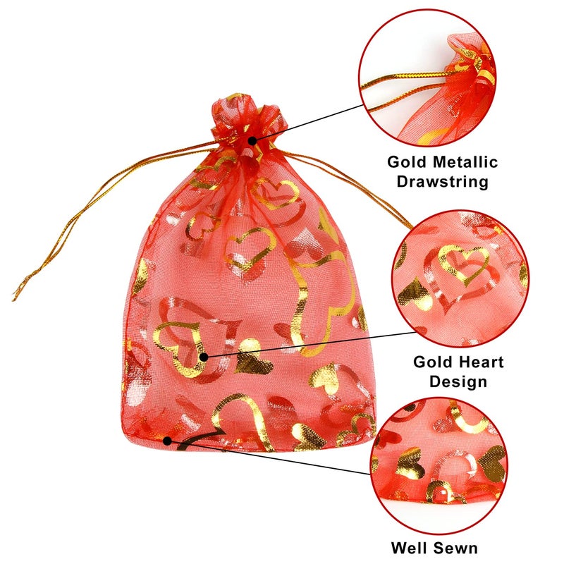 FOIMAS 100pcs Heart Organza Gift Bags,4x6 Inch Red Drawstring Jewelry Pouch Bag for Valentine's Day Wedding Party Favor - Image 3