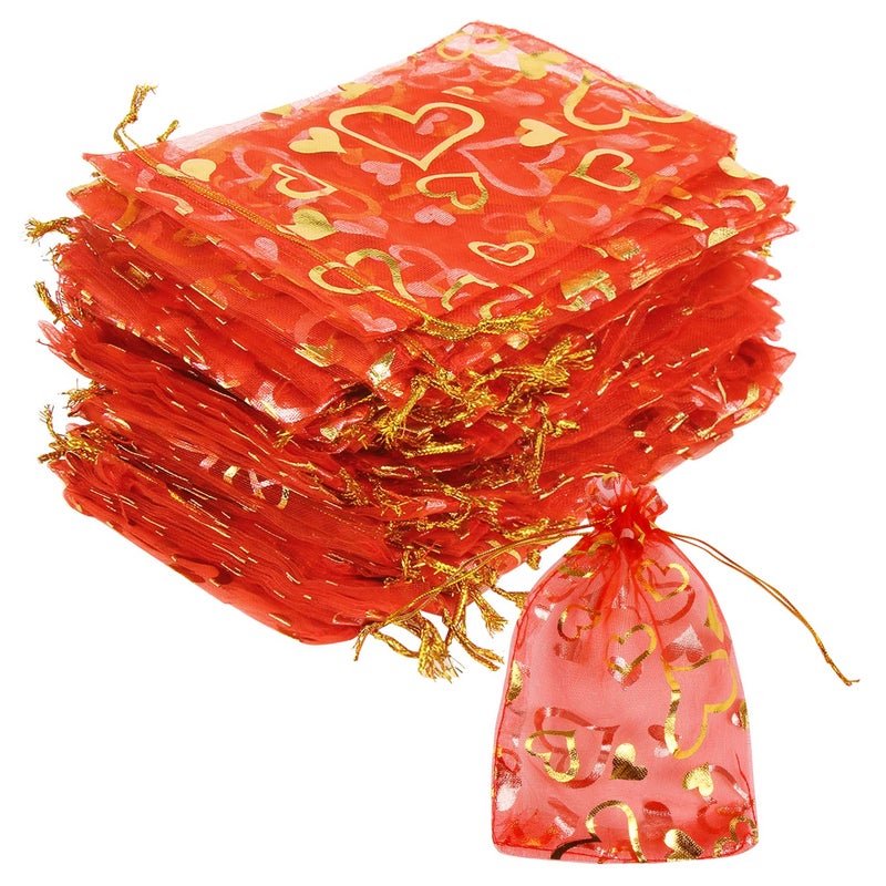 FOIMAS 100pcs Heart Organza Gift Bags,4x6 Inch Red Drawstring Jewelry Pouch Bag for Valentine's Day Wedding Party Favor - Image 1