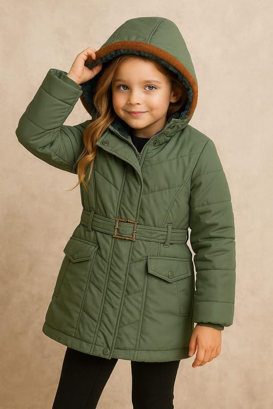 CAPICHINO Girls’ Hooded Winter Jacket – Warm Quilted Puffer Coat with Belt, Water-Resistant Outerwear for Cold Weather (Green,6-7 Years) - Image 3