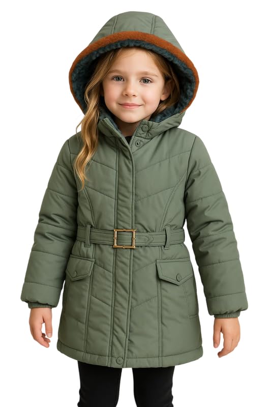 CAPICHINO Girls’ Hooded Winter Jacket – Warm Quilted Puffer Coat with Belt, Water-Resistant Outerwear for Cold Weather (Green,6-7 Years) - Image 1