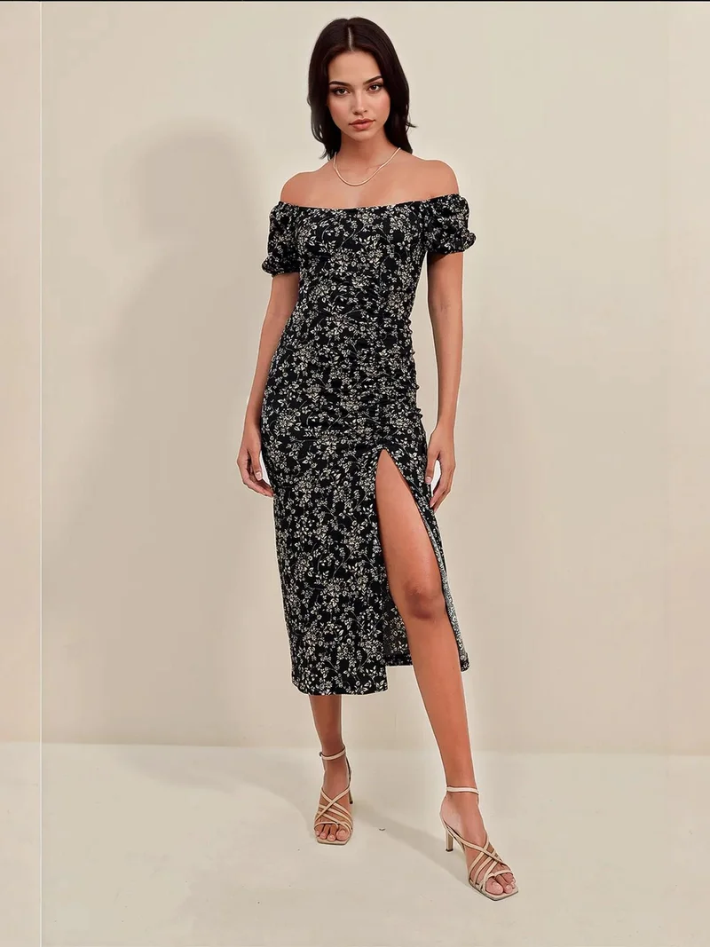 BIG DART BDART Textured Midi Knit Dress with Square Collar