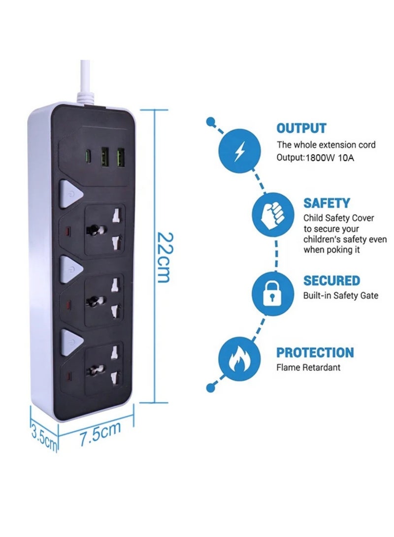 مشترك كهربائي 2000 واط 3 منافذ و2 منفذ USB ومنفذ تايب-سي للشحن السريع، سلك قوي بطول 5 أمتار، مزود بحماية للأطفال وزر تشغيل/إيقاف – متعدد المقابس للاستخدام المنزلي والمكتبي - Image 4