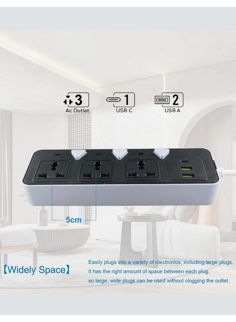 مشترك كهربائي 2000 واط 3 منافذ و2 منفذ USB ومنفذ تايب-سي للشحن السريع، سلك قوي بطول 5 أمتار، مزود بحماية للأطفال وزر تشغيل/إيقاف – متعدد المقابس للاستخدام المنزلي والمكتبي - Image 3