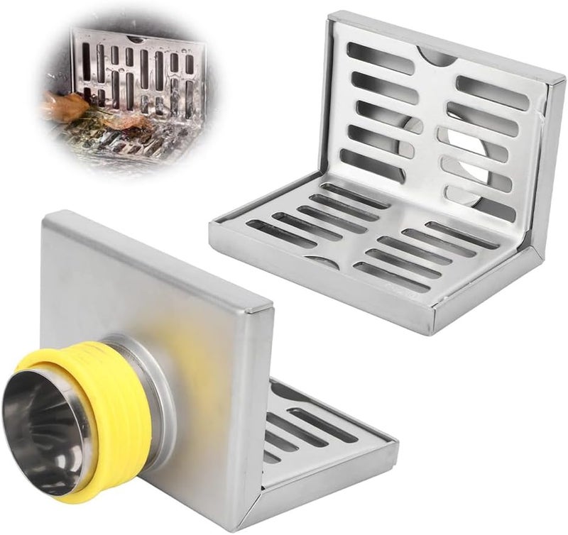 مصرف زاوية أرضي من الفولاذ المقاوم للصدأ، مصرف جانبي بزاوية 90 درجة للحمام والمطبخ والشرفة، صرف أفقي على شكل L للزاوية الجدارية - Image 1