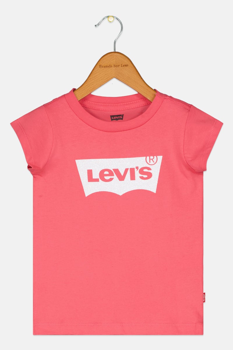 Levi's تي شيرت قصير الأكمام للبنات الصغيرات بياقة دائرية بشعار العلامة التجارية، وردي - Image 1