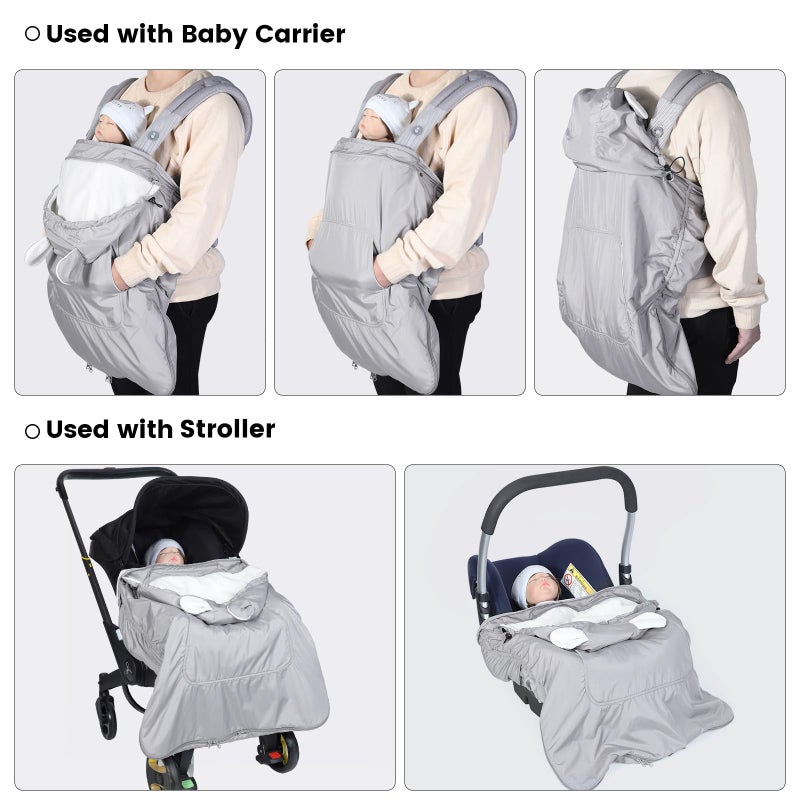 Orzbow Baby Winter Carrier Cover with Detachable Hood, Waterproof & Windproof, with Big Pockets, Universal Fit for Baby Carriers and Waist Stool | with Storage Bag, Light Grey Bear - Image 3