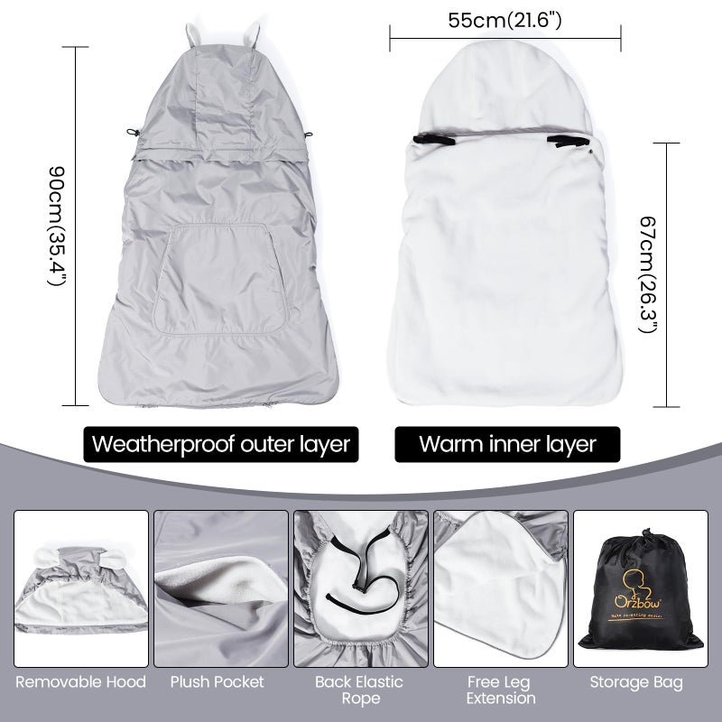 Orzbow Baby Winter Carrier Cover with Detachable Hood, Waterproof & Windproof, with Big Pockets, Universal Fit for Baby Carriers and Waist Stool | with Storage Bag, Light Grey Bear - Image 2