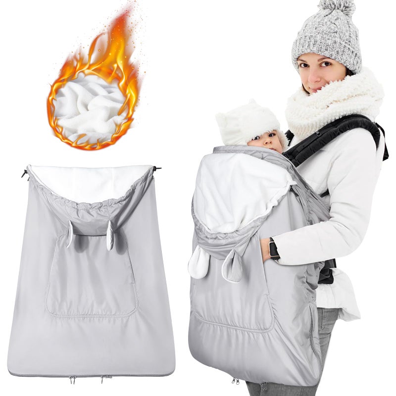 Orzbow Baby Winter Carrier Cover with Detachable Hood, Waterproof & Windproof, with Big Pockets, Universal Fit for Baby Carriers and Waist Stool | with Storage Bag, Light Grey Bear - Image 1