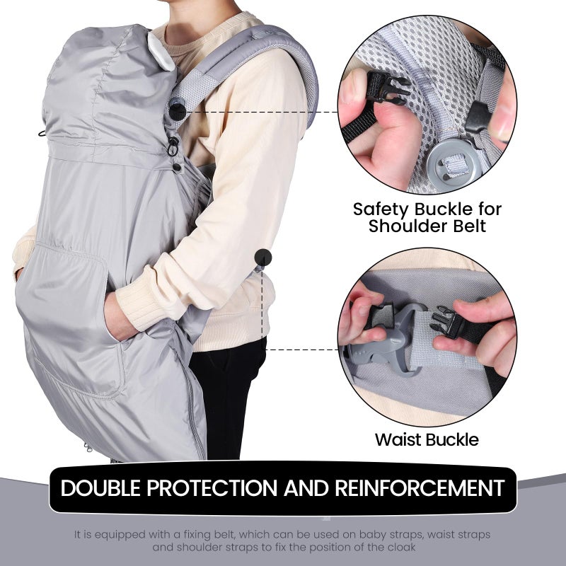 Orzbow Baby Winter Carrier Cover with Detachable Hood, Waterproof & Windproof, with Big Pockets, Universal Fit for Baby Carriers and Waist Stool | with Storage Bag, Light Grey Bear - Image 4