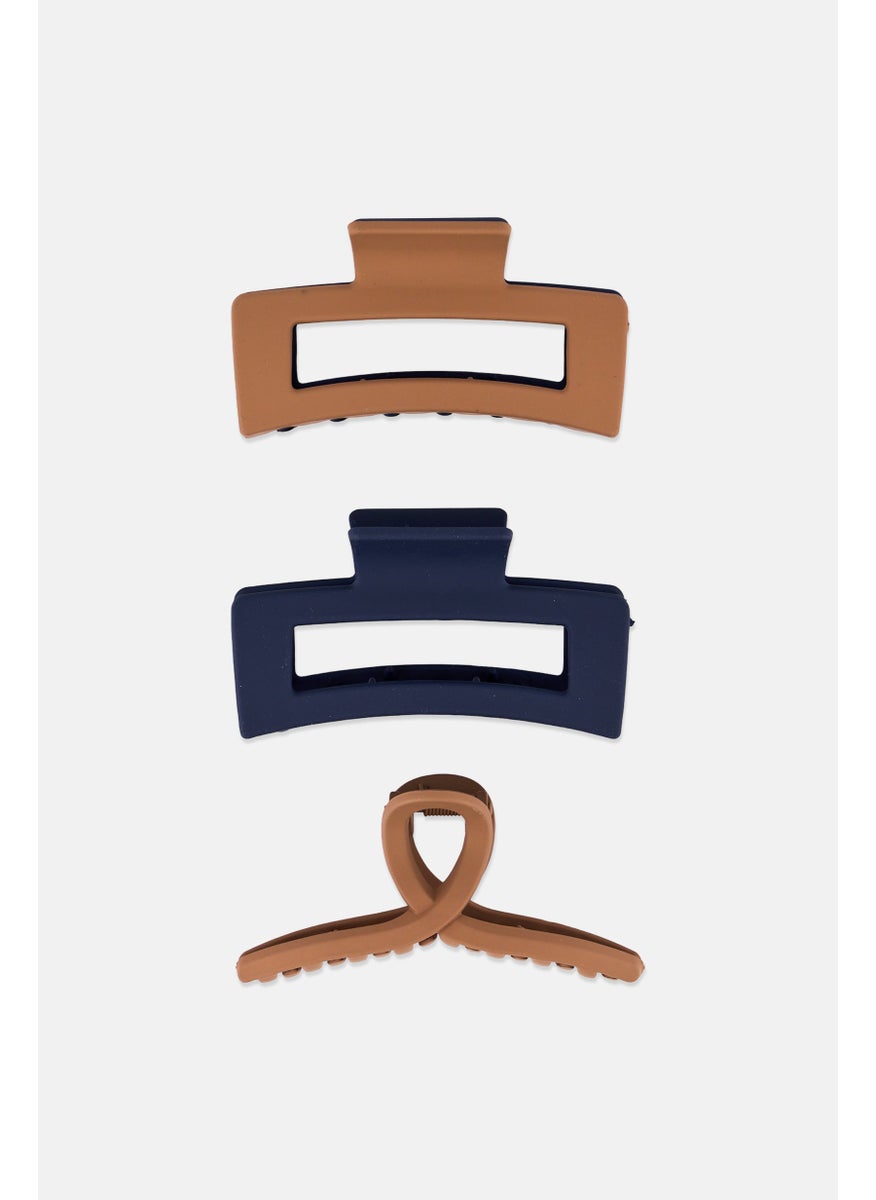 Orly Fashion Accessories Women 3 Pieces Plain Claw Clips, Taupe/Navy  - Image 1