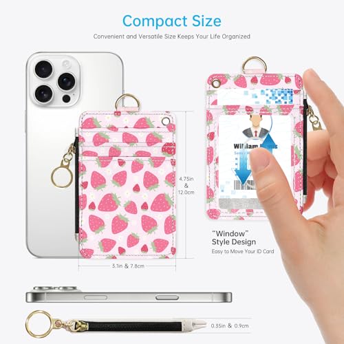 NICCCARD Pink Strawberry 2-in-1 ID Badge Holder & Lanyard Wallet for Teachers,Nurse,Professionals-Cute Zippered Coin Pouch,Removable Wristlet & Neck Lanyard,5 Card Slots Stylish Work Essential - Image 3