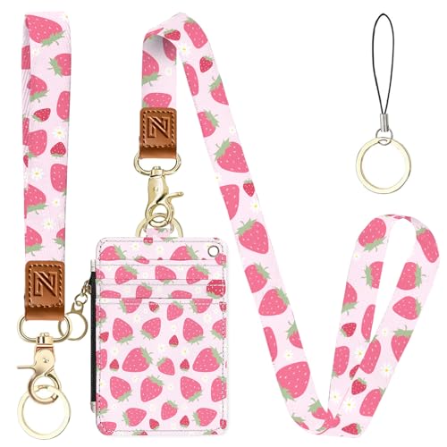 NICCCARD Pink Strawberry 2-in-1 ID Badge Holder & Lanyard Wallet for Teachers,Nurse,Professionals-Cute Zippered Coin Pouch,Removable Wristlet & Neck Lanyard,5 Card Slots Stylish Work Essential - Image 1