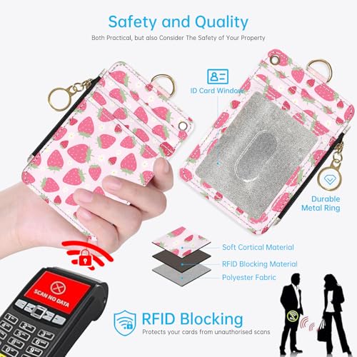 NICCCARD Pink Strawberry 2-in-1 ID Badge Holder & Lanyard Wallet for Teachers,Nurse,Professionals-Cute Zippered Coin Pouch,Removable Wristlet & Neck Lanyard,5 Card Slots Stylish Work Essential - Image 2