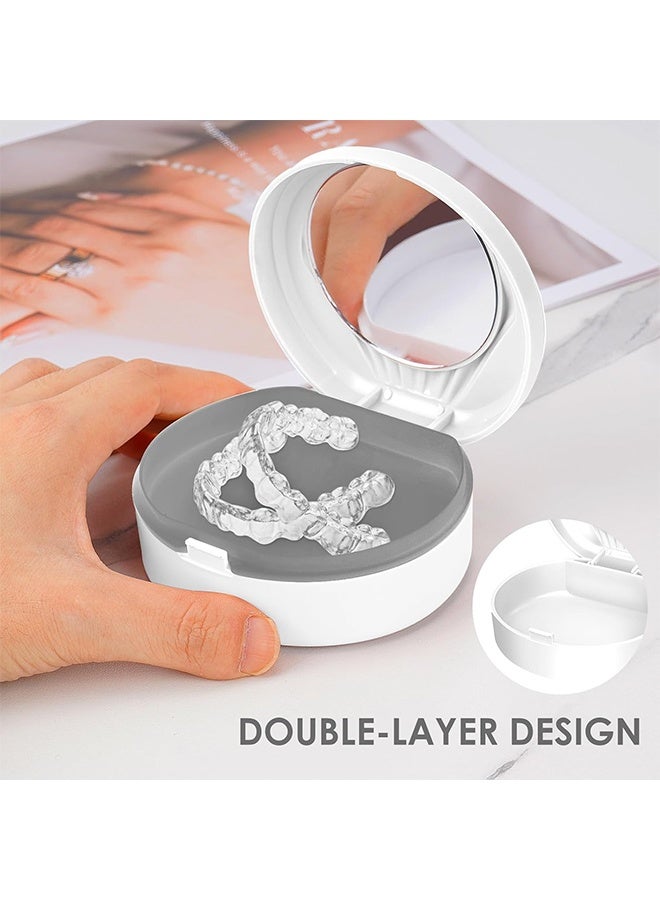 ليمون حافظة طقم أسنان محمولة مع مرآة، حاوية لتخزين الأسنان الاصطناعية، حامل أكواب، حافظة واقي فم تقويمي مع فرشاة (أبيض) - Image 3