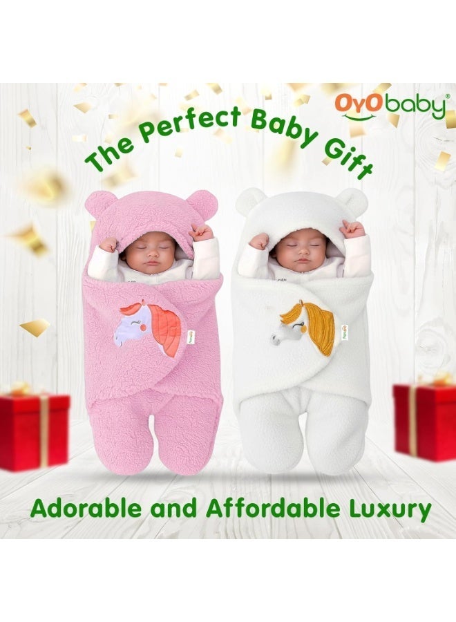 OYO BABY Baby Blankets New Born Combo Pack of Hooded Wrapper Sleeping Bag and Baby Bath Towel for 0-6 Months Babies, Pack of 2-White & Pink - Image 2