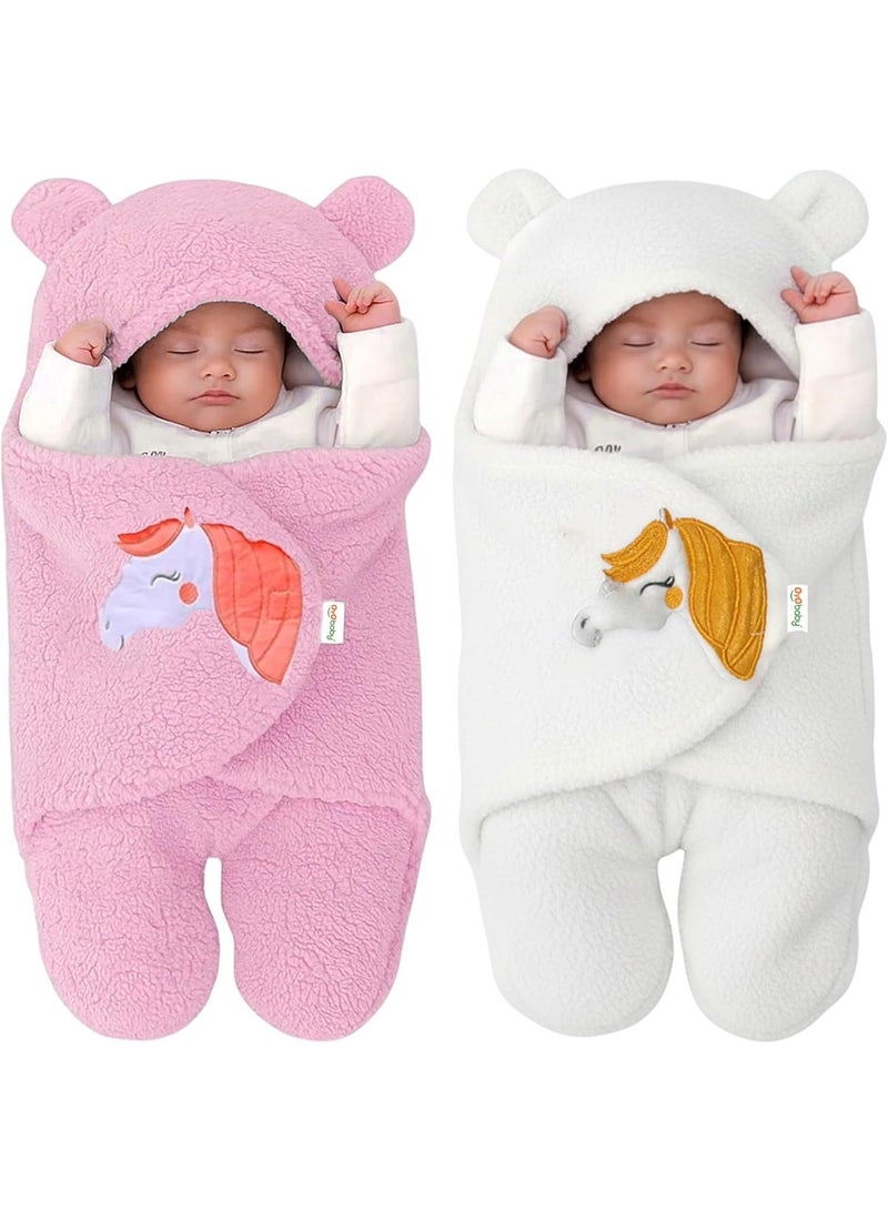 OYO BABY Baby Blankets New Born Combo Pack of Hooded Wrapper Sleeping Bag and Baby Bath Towel for 0-6 Months Babies, Pack of 2-White & Pink - Image 1