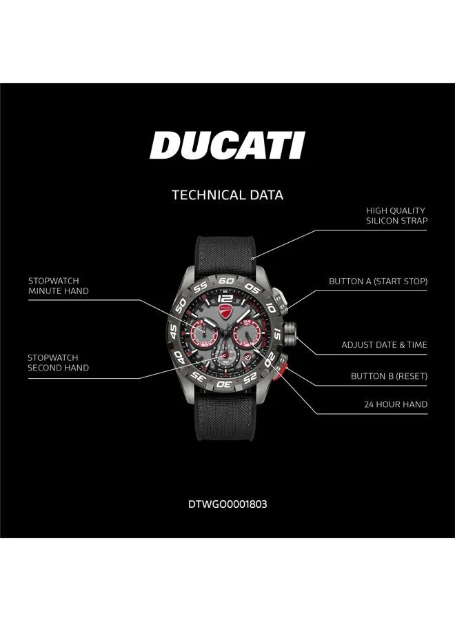 Ducati DT012 Gunmetal Red Dial Black Silicone-Nylon Strap Chronograph Watch for Men - 42mm