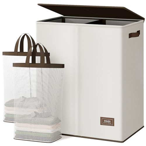 SOLEDI Luxury Double Laundry Hamper with Lid and Removable Bags, Large Hamper for Laundry, Laundry Basket 2 Sections, Collapsible Ditry Clothes Hamper for Bedroom, Laundry Room, Bathroom, Off-white - Image 1