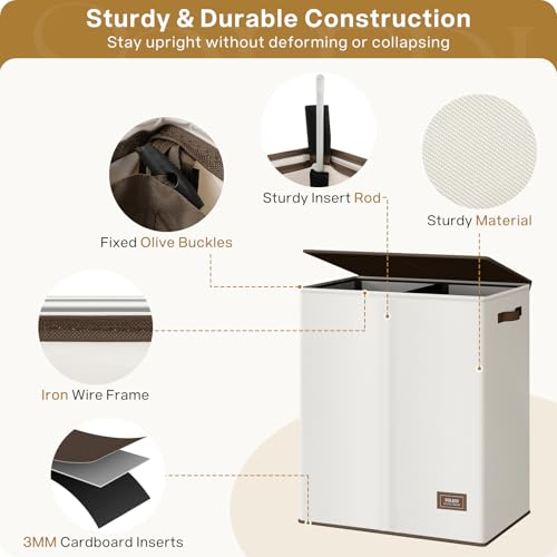 SOLEDI Luxury Double Laundry Hamper with Lid and Removable Bags, Large Hamper for Laundry, Laundry Basket 2 Sections, Collapsible Ditry Clothes Hamper for Bedroom, Laundry Room, Bathroom, Off-white - Image 5