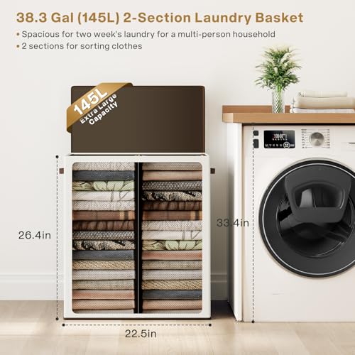 SOLEDI Luxury Double Laundry Hamper with Lid and Removable Bags, Large Hamper for Laundry, Laundry Basket 2 Sections, Collapsible Ditry Clothes Hamper for Bedroom, Laundry Room, Bathroom, Off-white - Image 2