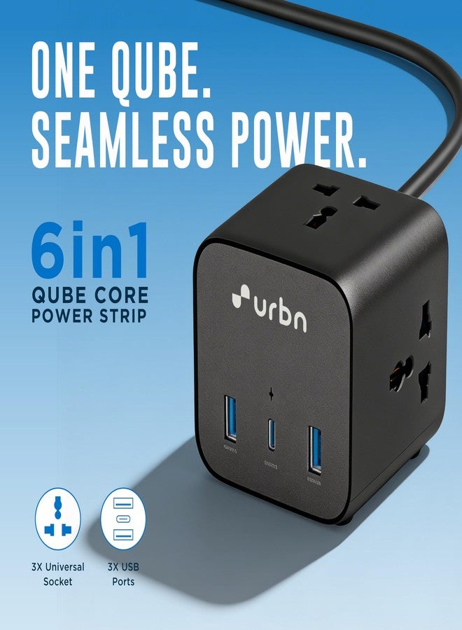 URBN 6-in-1 Qube Core Power Strip | 3 Universal Sockets (2500W) + 3 USB Ports (20W PD) | Fast Charging | Heavy Duty 2m Power Cord | Surge Protection | 1 Year Warranty (Black) - Image 2