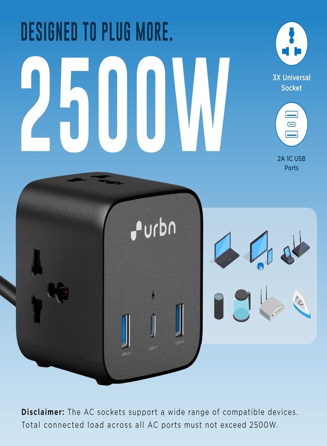 URBN 6-in-1 Qube Core Power Strip | 3 Universal Sockets (2500W) + 3 USB Ports (20W PD) | Fast Charging | Heavy Duty 2m Power Cord | Surge Protection | 1 Year Warranty (Black) - Image 4